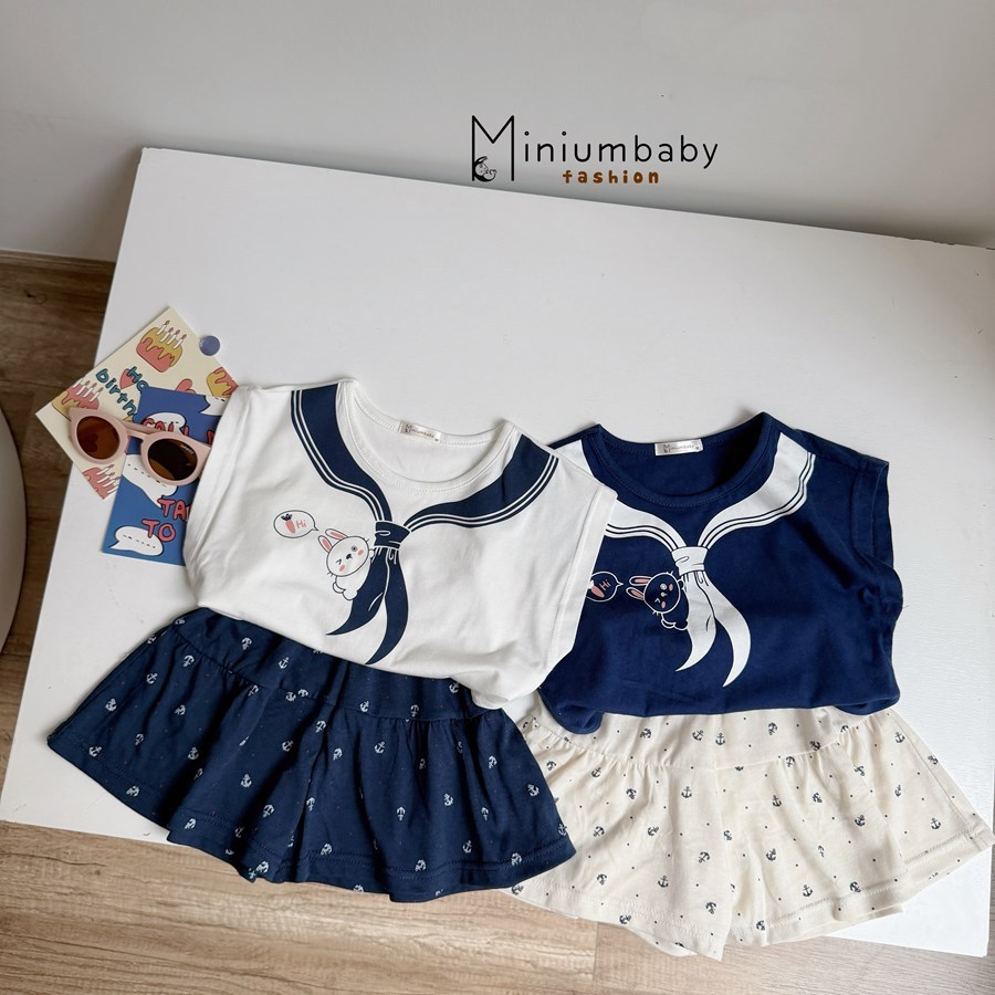 Set bộ sát nách bé gái hoạ tiết nơ xinh xắn Miniumbaby mix quần váy, chất vải cotton mềm mát SB2751