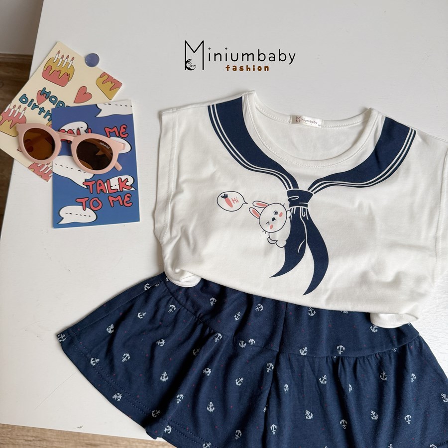 Set bộ sát nách bé gái hoạ tiết nơ xinh xắn Miniumbaby mix quần váy, chất vải cotton mềm mát SB2751