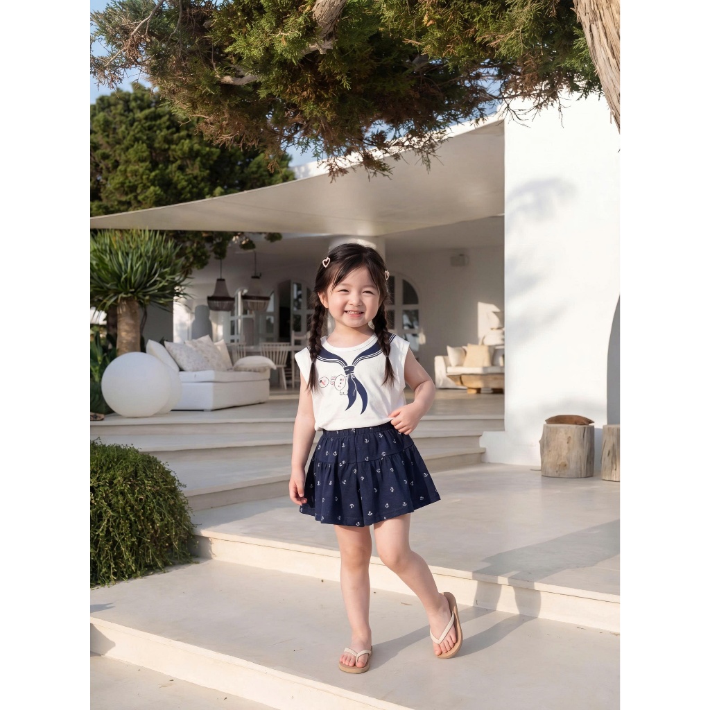 Set bộ sát nách bé gái hoạ tiết nơ xinh xắn Miniumbaby mix quần váy, chất vải cotton mềm mát SB2751