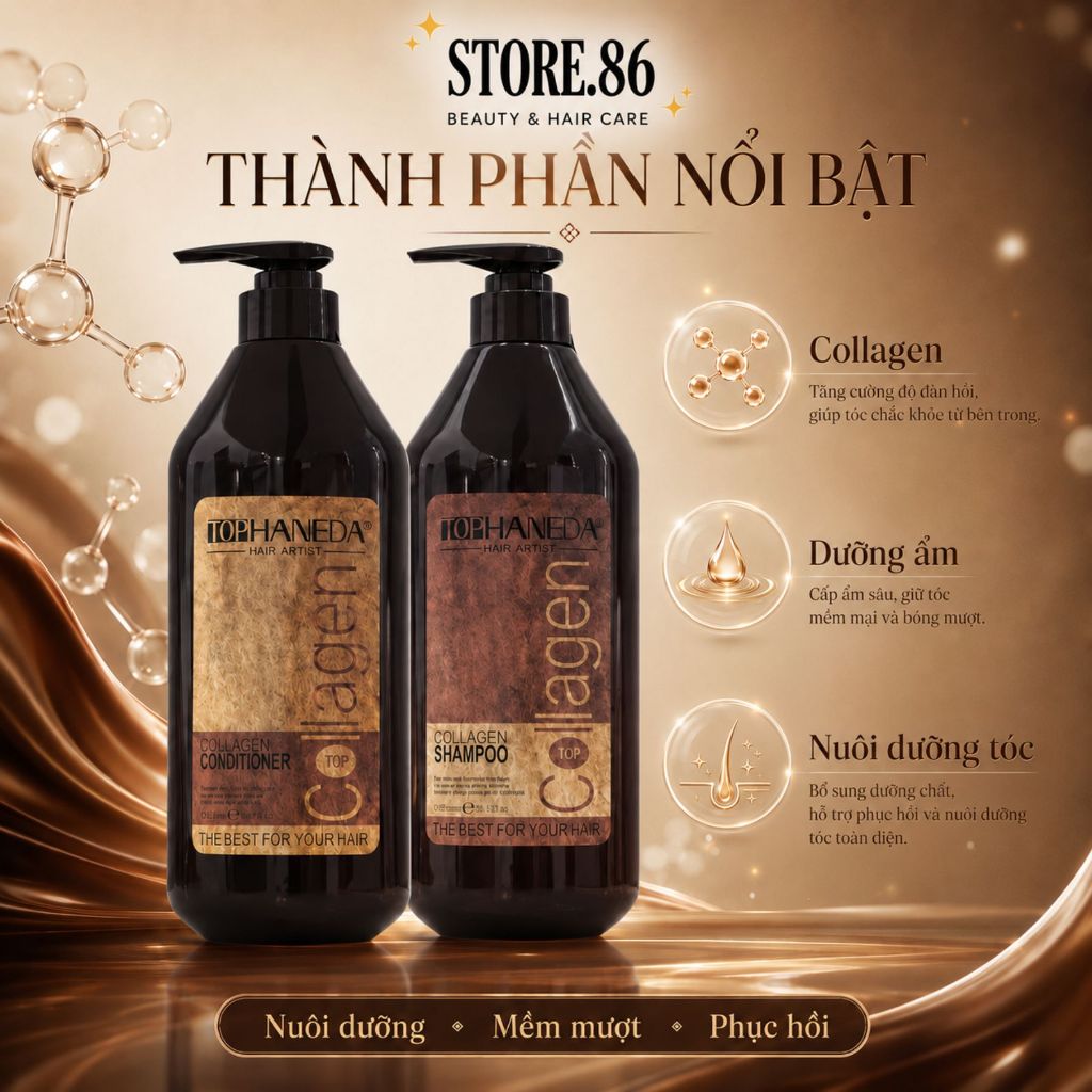 Dầu Gội Xả TOP HANEDA COLLAGEN 500ml - 785ml | Sạch Thoáng Da Đầu, Tóc Mềm Mượt Bóng Khỏe