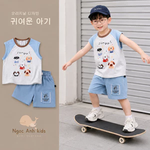 Bộ ba lỗ tanktop puppy năng động cho bé trai, bộ ba lỗ cánh rơi áo cotton phối quần bò cho bé