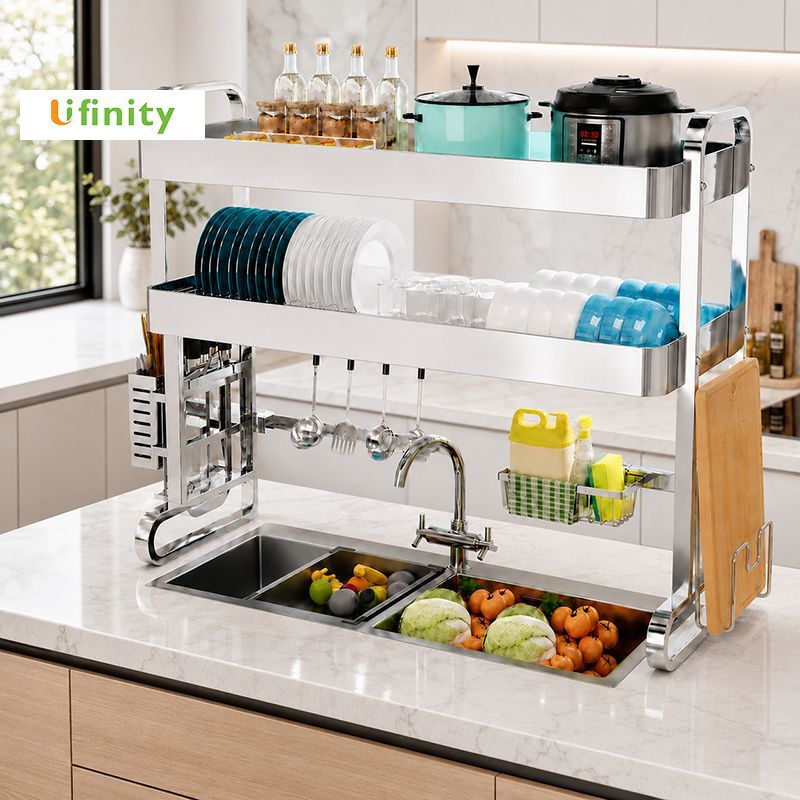 Lifinity Kệ Để Chén Đĩa Trên Bồn Rửa Bát Đa Năng Inox 1/2 Tầng Cao Cấp  Kèm Giá Dao Thớt Ống Đũa Kệ Tủ Bếp Thông Minh