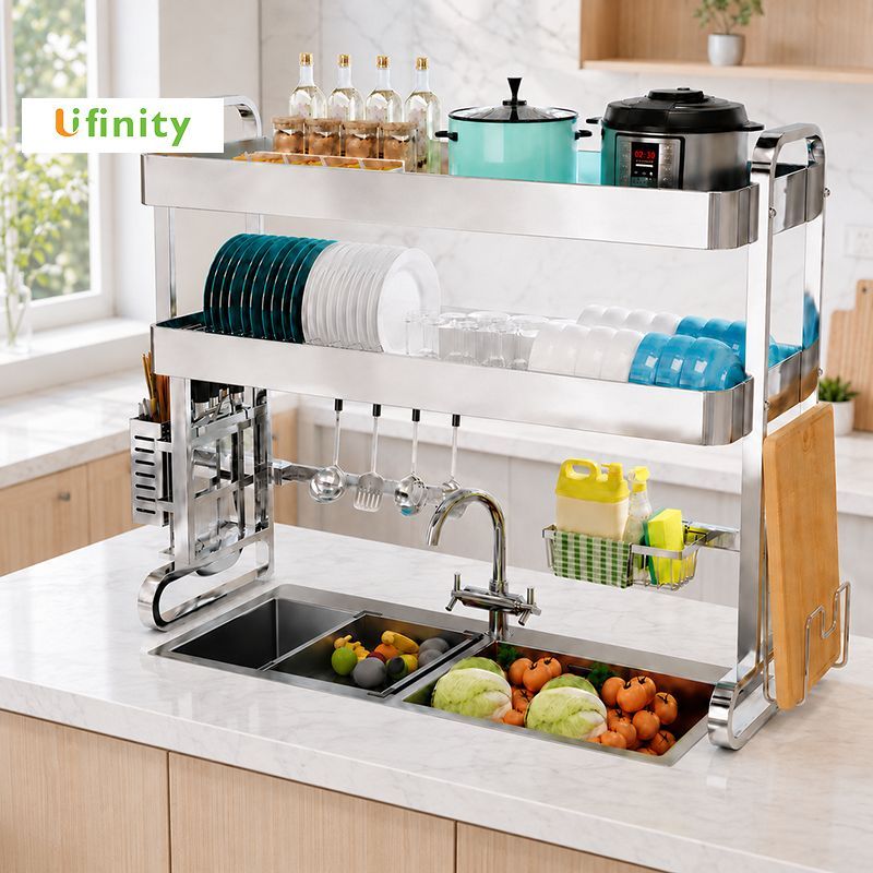 Lifinity Kệ Để Chén Đĩa Trên Bồn Rửa Bát Đa Năng Inox 1/2 Tầng Cao Cấp  Kèm Giá Dao Thớt Ống Đũa Kệ Tủ Bếp Thông Minh
