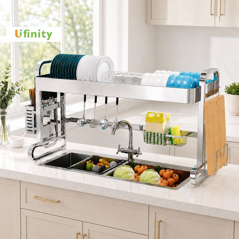 Lifinity Kệ Để Chén Đĩa Trên Bồn Rửa Bát Đa Năng Inox 1/2 Tầng Cao Cấp  Kèm Giá Dao Thớt Ống Đũa Kệ Tủ Bếp Thông Minh