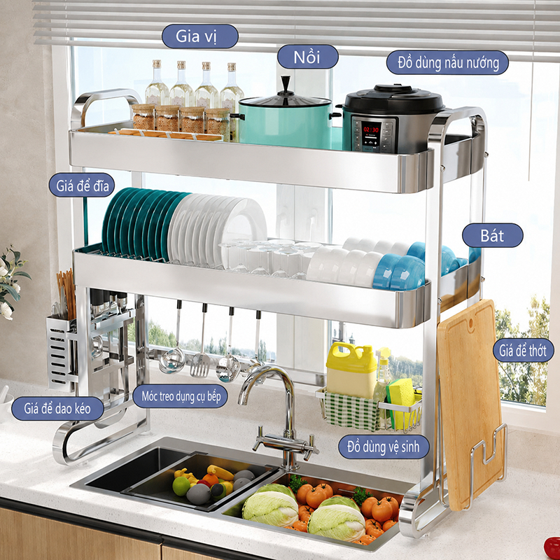 Lifinity Kệ Để Chén Đĩa Trên Bồn Rửa Bát Đa Năng Inox 1/2 Tầng Cao Cấp  Kèm Giá Dao Thớt Ống Đũa Kệ Tủ Bếp Thông Minh