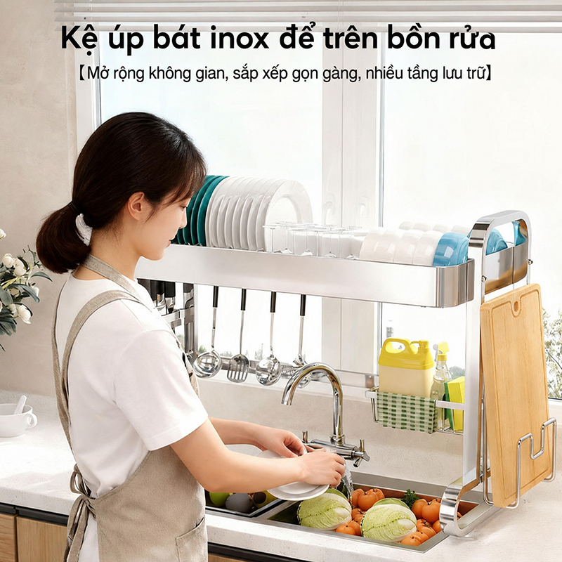 Lifinity Kệ Để Chén Đĩa Trên Bồn Rửa Bát Đa Năng Inox 1/2 Tầng Cao Cấp  Kèm Giá Dao Thớt Ống Đũa Kệ Tủ Bếp Thông Minh