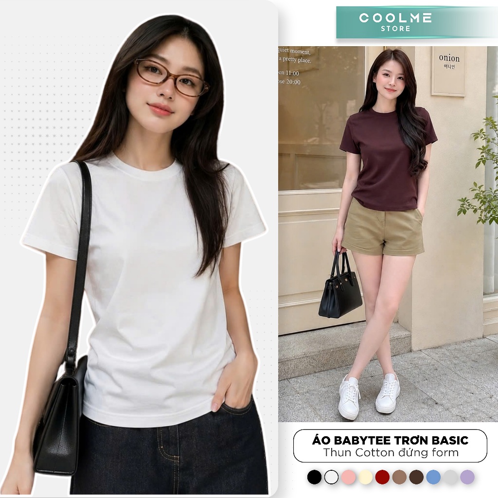 Áo thun baby tee nữ trơn basic form vừa cổ bo chun chất cotton co giãn thấm hút mồ hôi Coolme -BBT
