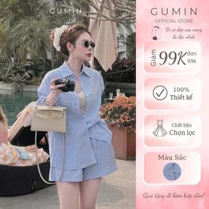 Set bộ sơ mi kẻ xanh GUMIN thiết kế áo phối họa tiết thêu basic kèm quần short thanh lịch, Set đồ nữ vintage sang chảnh