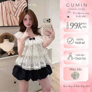 Áo babydoll ren tầng GUMIN thiết kế áo đính nơ ngực tiểu thư, áo ren nữ sang chảnh