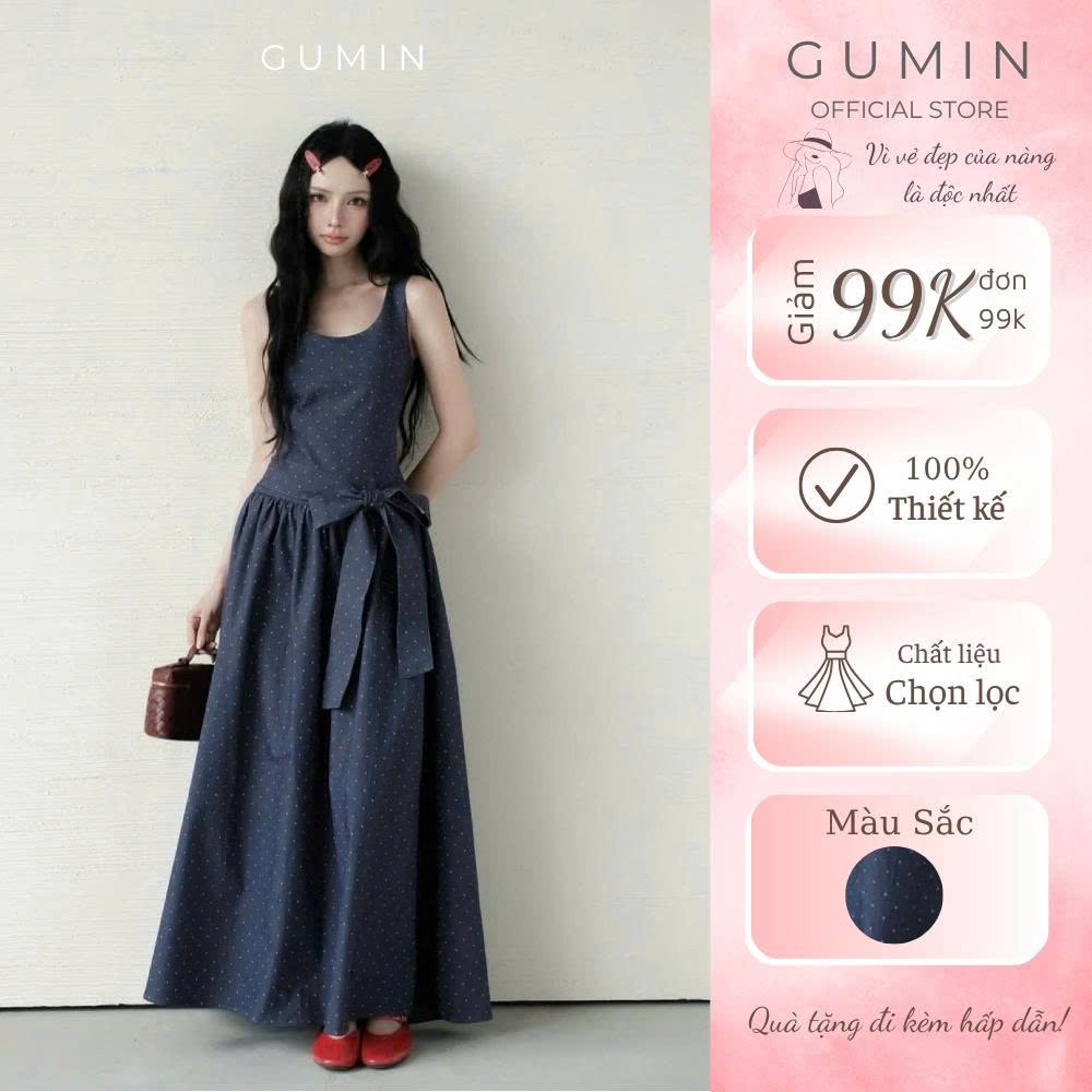Váy bò chấm bi sát nách GUMIN thiết kế thắt nơ eo sang trọng, Đầm dài nữ vintage đi biển hẹn hò thanh lịch cao cấp