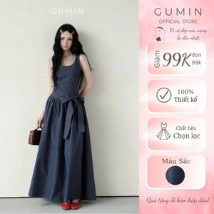 Váy bò chấm bi sát nách GUMIN thiết kế thắt nơ eo sang trọng, Đầm dài nữ vintage đi biển hẹn hò thanh lịch cao cấp