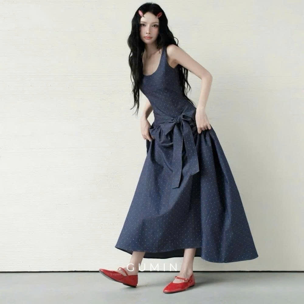 Váy bò chấm bi sát nách GUMIN thiết kế thắt nơ eo sang trọng, Đầm dài nữ vintage đi biển hẹn hò thanh lịch cao cấp