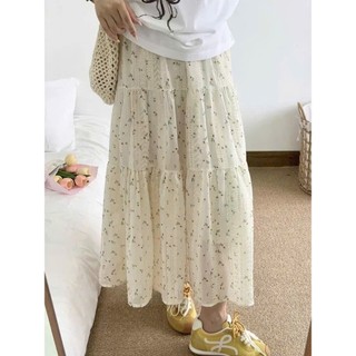 Chân Váy Midi Dài Xếp Tầng Hoa Nhí Phối Ren Leis Maxi Lưng Chun Dáng Xòe Đi Chơi - Cakecat