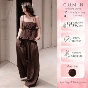 Set bộ hai dây GUMIN thiết kế áo 2 dây viền bèo phối quần suông dài sang chảnh, Set đồ nữ vintage thanh lịch sang trọng