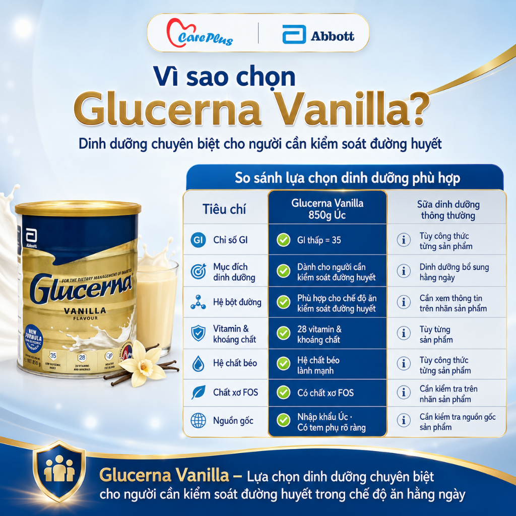 Sữa bột Glucerna Úc Abbott 850g vị Vanilla GI thấp dinh dưỡng cho người tiểu đường HSD 2028