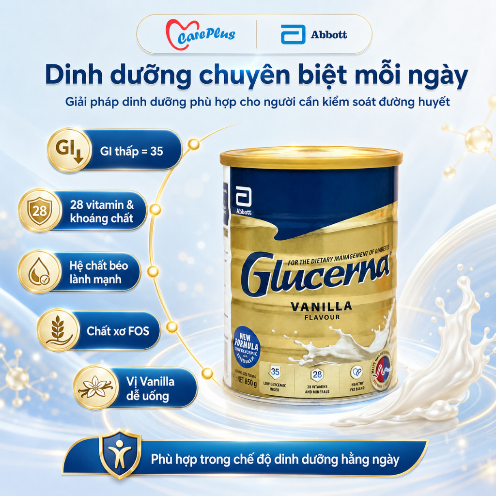 Sữa bột Glucerna Úc Abbott 850g vị Vanilla GI thấp dinh dưỡng cho người tiểu đường HSD 2028