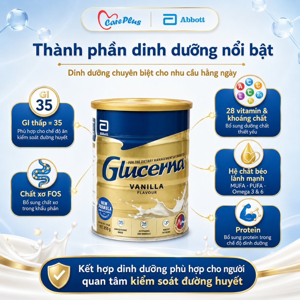 Sữa bột Glucerna Úc Abbott 850g vị Vanilla GI thấp dinh dưỡng cho người tiểu đường HSD 2028