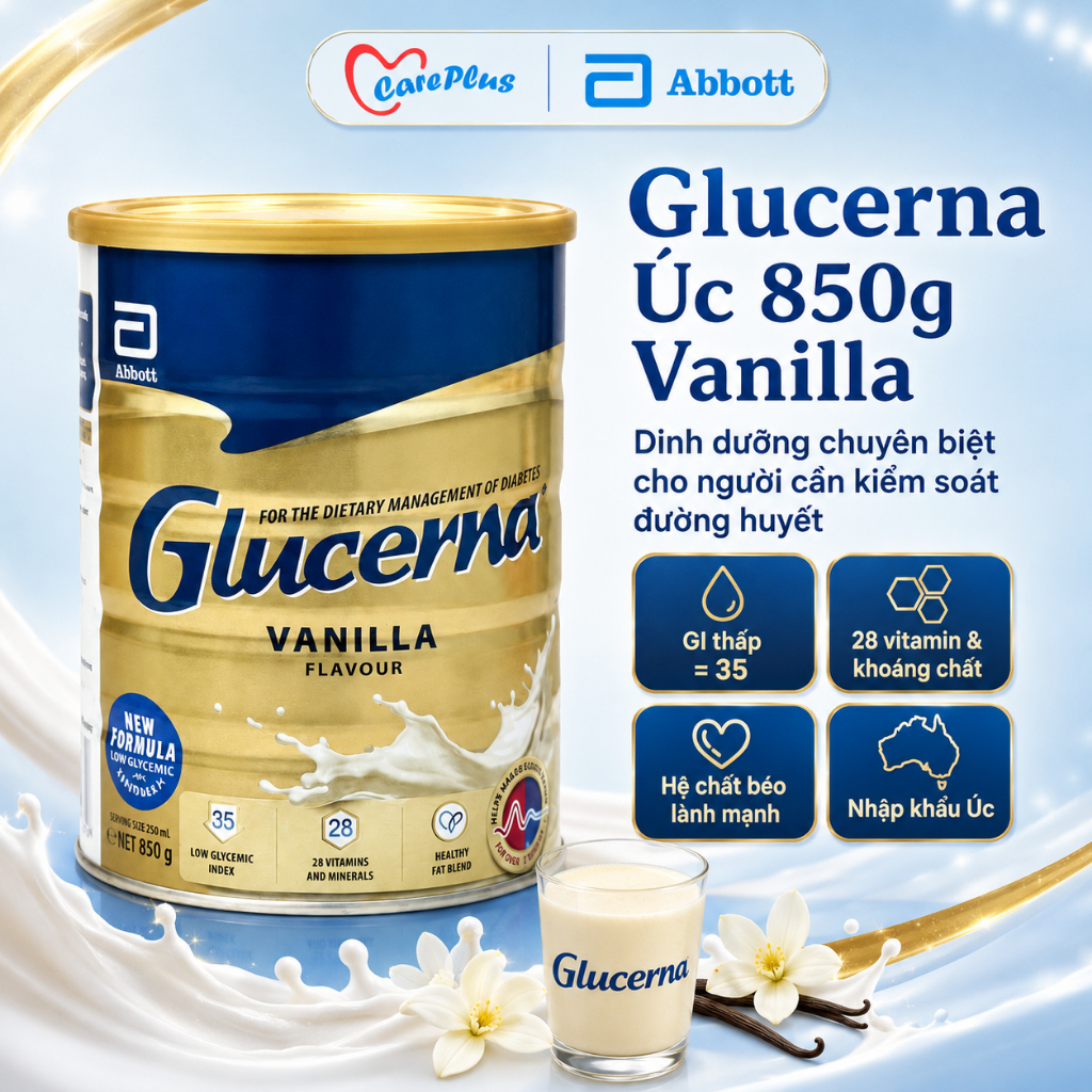 Sữa bột Glucerna Úc Abbott 850g vị Vanilla GI thấp dinh dưỡng cho người tiểu đường HSD 2028