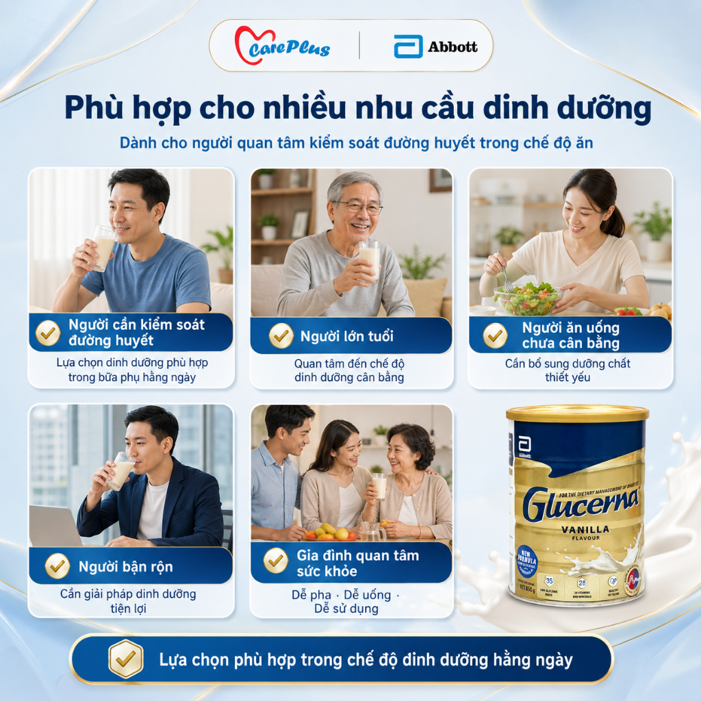 Sữa bột Glucerna Úc Abbott 850g vị Vanilla GI thấp dinh dưỡng cho người tiểu đường HSD 2028