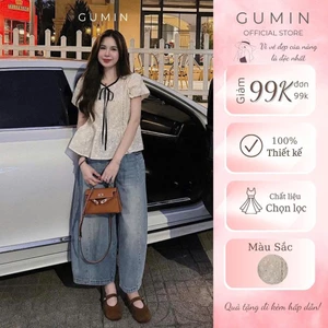 Áo thô babydoll GUMIN thiết kế hoa thêu kèm dây nơ ngực phối ren tay bồng tiểu thư, Áo kiểu nữ vintage thanh lịch