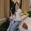 Áo thô babydoll GUMIN thiết kế hoa thêu kèm dây nơ ngực phối ren tay bồng tiểu thư, Áo kiểu nữ vintage thanh lịch