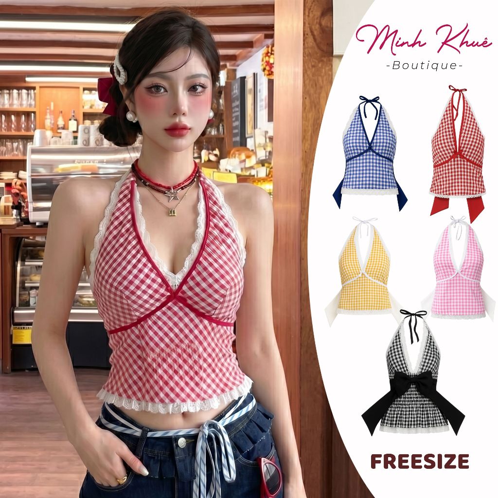 [Mở Bán] Áo Croptop Yếm Caro Phối Viền Ren Đính Nơ To Chất Thun Kate Kiểu Dáng Ôm Body Sexy CR63 Minh Khuê Boutique
