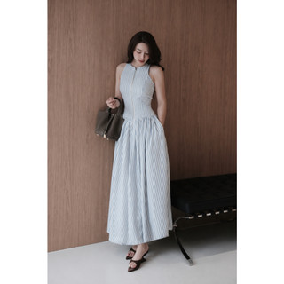 Váy maxi nữ dáng dài kẻ sọc xanh cổ tròn có khóa kéo, đầm xòe tiểu thư chiết eo tôn mặc dáng đi biển đi chơi mùa hè