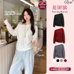 Áo Thun Trễ Vai From Rộng Che Khuyết Điểm Cotton Mịn Mát, Áo Dài Tay Nữ Lệch Vai Mặc Nhiều Kiểu TD07 RUSY