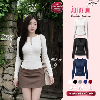 Áo Thun Tay Dài Nút Gài Trơn Basic Dáng Dài Ôm Body, Áo Kiểu Thun Nữ Tay Dài Kiểu Đơn Giản TD10 RUSY