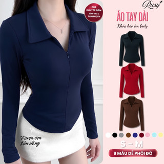 Áo Thun Nữ Cổ Bẻ Tay Dài Phối Dây Kéo Vạt Bầu Ôm Body Áo Thun Polo Cổ Trụ Thun Gân Mịn Mát Basic RUSY