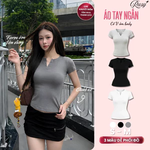 Áo Thun Nữ RUSY Cổ Trụ V Cách Điệu Vải Borip Co Giãn 4 Chiều Mềm Mịn Ôm Body Tay Ngắn TN07 Rusy