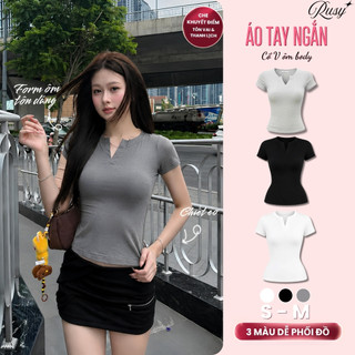 Áo Thun Nữ RUSY Cổ Trụ V Cách Điệu Vải Borip Co Giãn 4 Chiều Mềm Mịn Ôm Body Tay Ngắn TN07 Rusy
