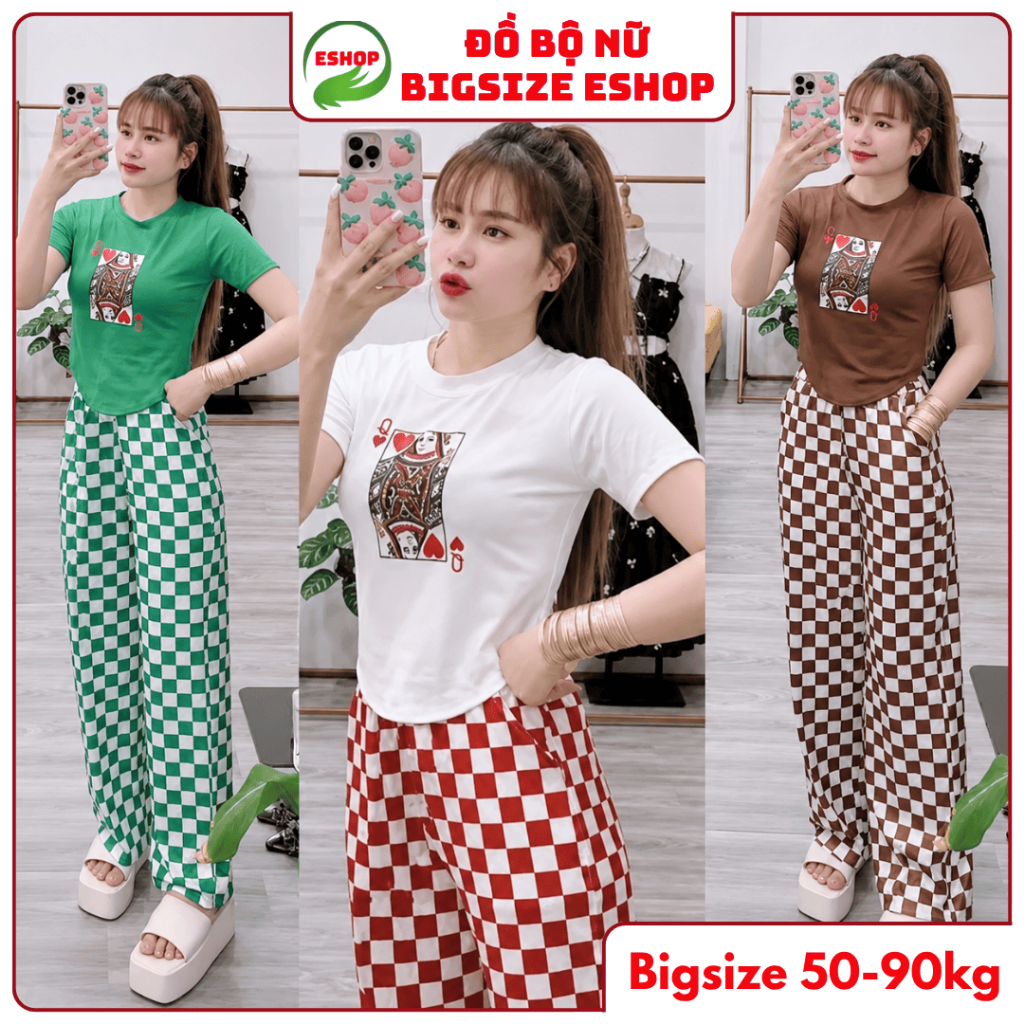 Đồ Bộ Nữ Bigsize Quần Ống Suông Cạp Cao Áo Chéo Lưng ESHOP Thun Cotton Quần Gân Form Rộng DB37