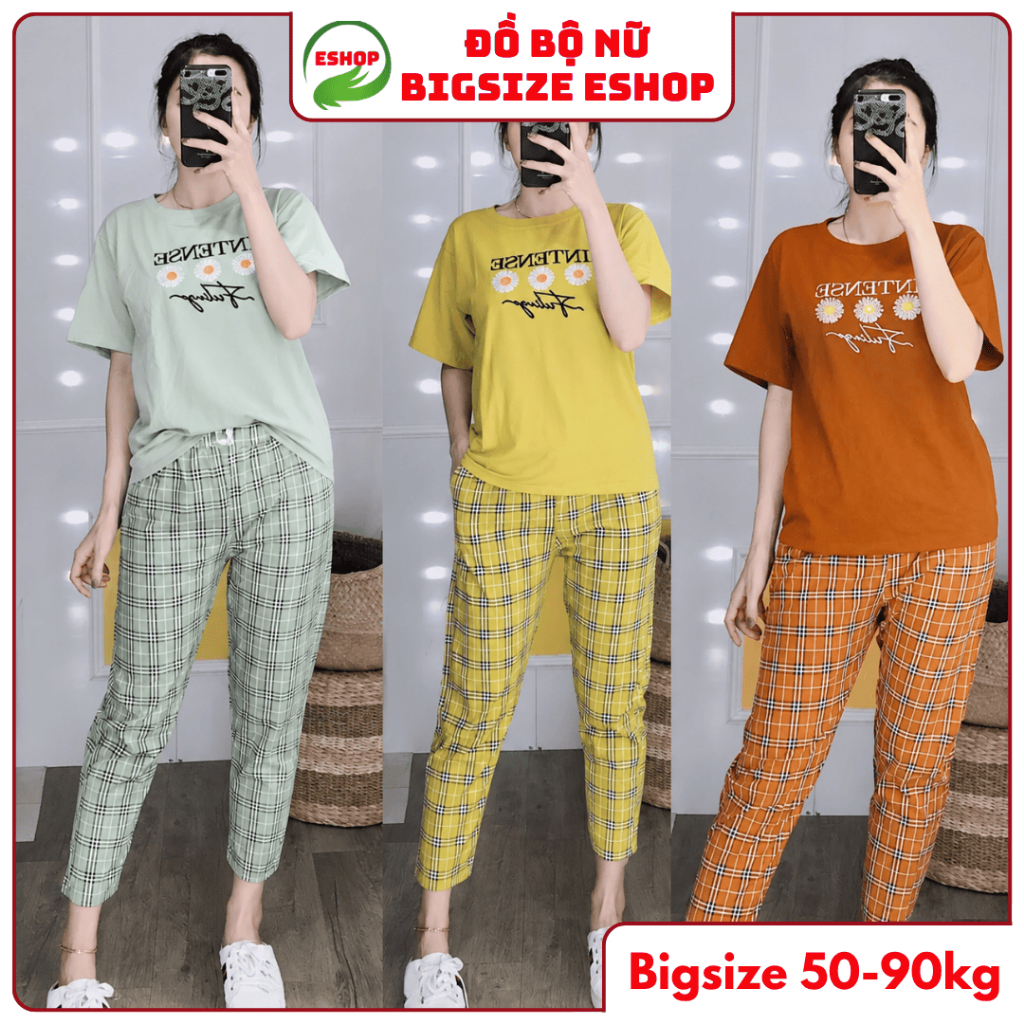 Đồ Bộ Nữ Bigsize 43-85kg Thun Cotton Quần Dài Caro Mặc Nhà Mùa Hè Thể Thao Trung Niên ESHOP DB06