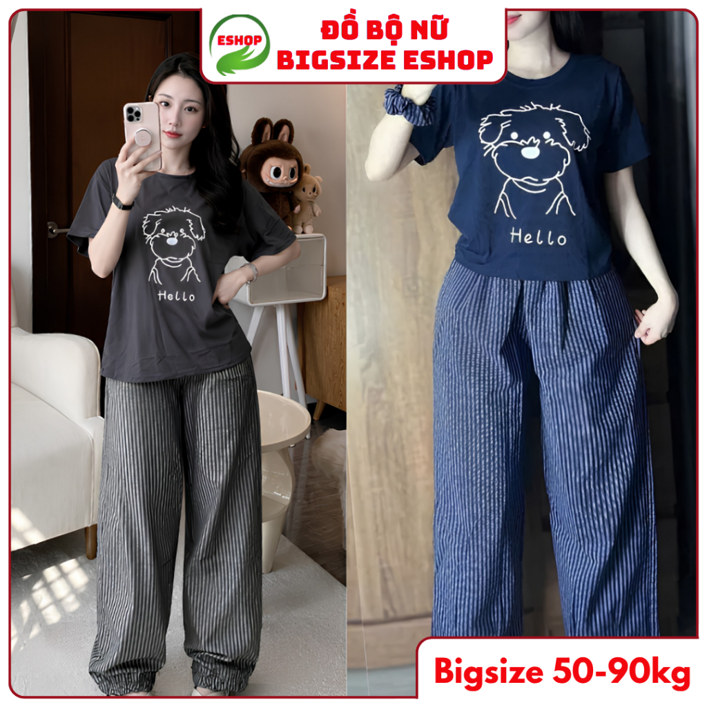 Đồ Bộ Nữ Mặc Nhà Quần Ống Rộng Cạp Cao Bigsize ESHOP Đồ Mặc Nhà Form Rộng Co Giãn Dễ Thương MS907