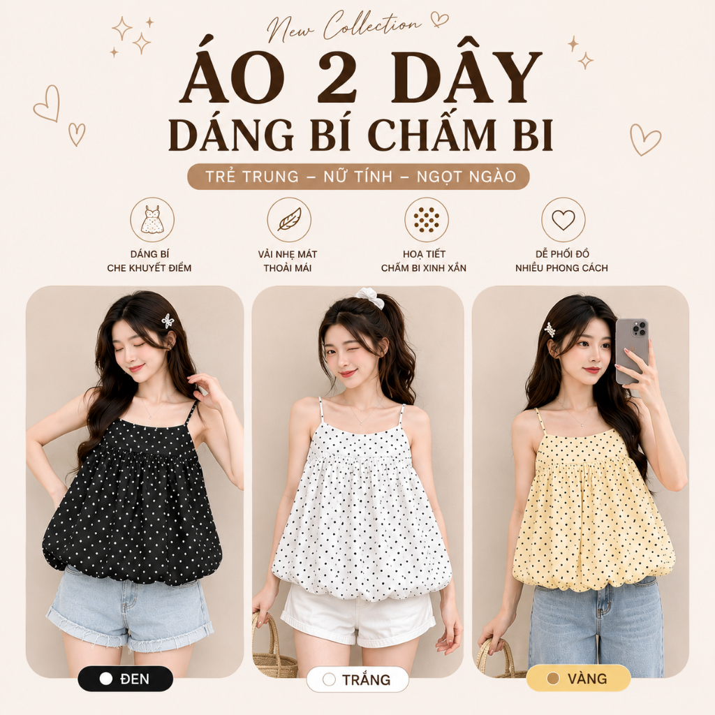 Áo Babydoll Bí Chấm Bi Hot Trend,Chất Vải Gió Màu Sắc Đa Dạng mùa hè cho nữ