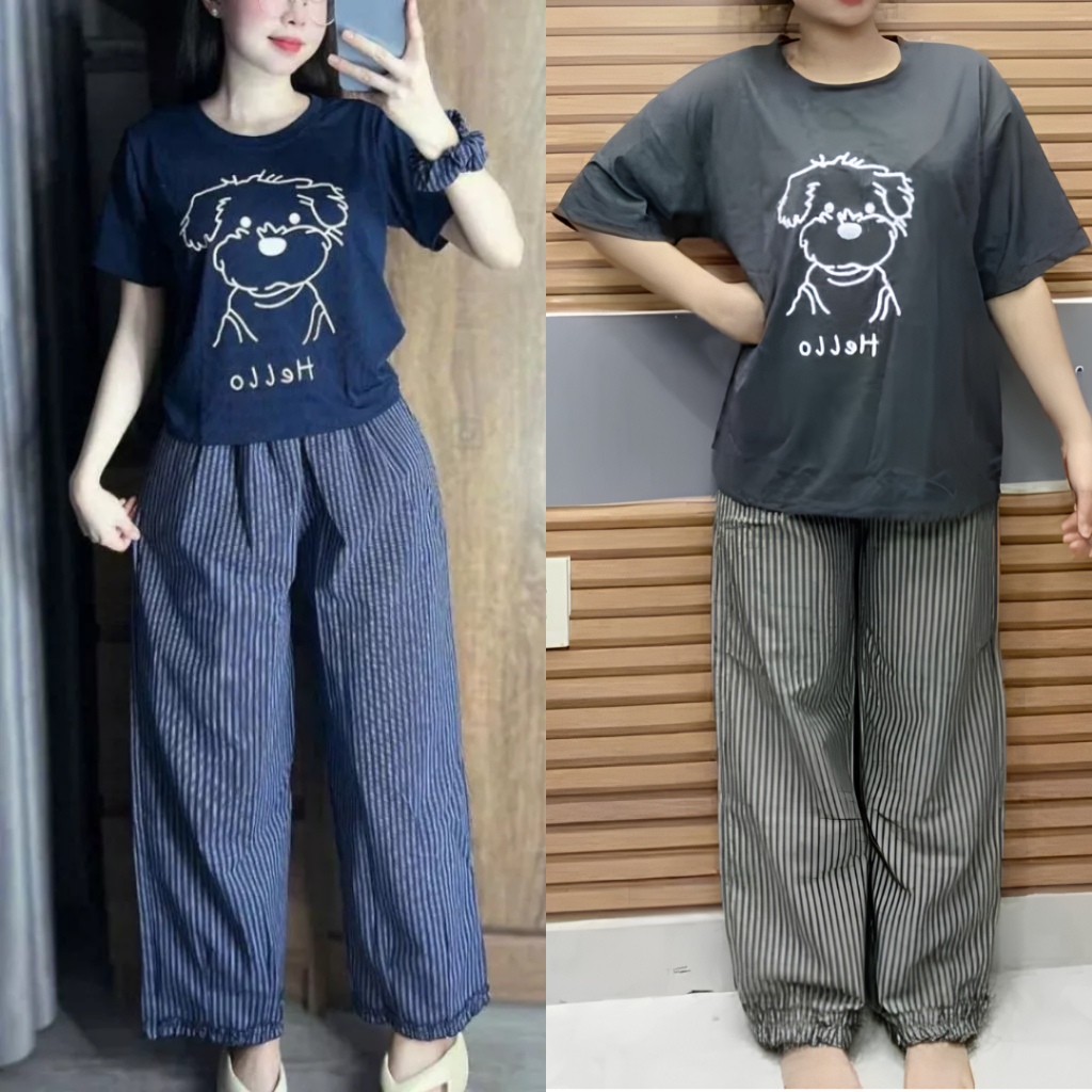 Đồ Bộ Nữ Mặc Nhà Quần Ống Rộng Cạp Cao Bigsize ESHOP Đồ Mặc Nhà Form Rộng Co Giãn Dễ Thương MS907