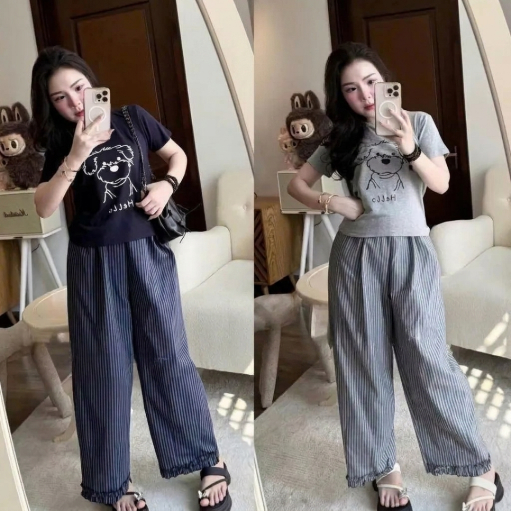 Đồ Bộ Nữ Mặc Nhà Quần Ống Rộng Cạp Cao Bigsize ESHOP Đồ Mặc Nhà Form Rộng Co Giãn Dễ Thương MS907