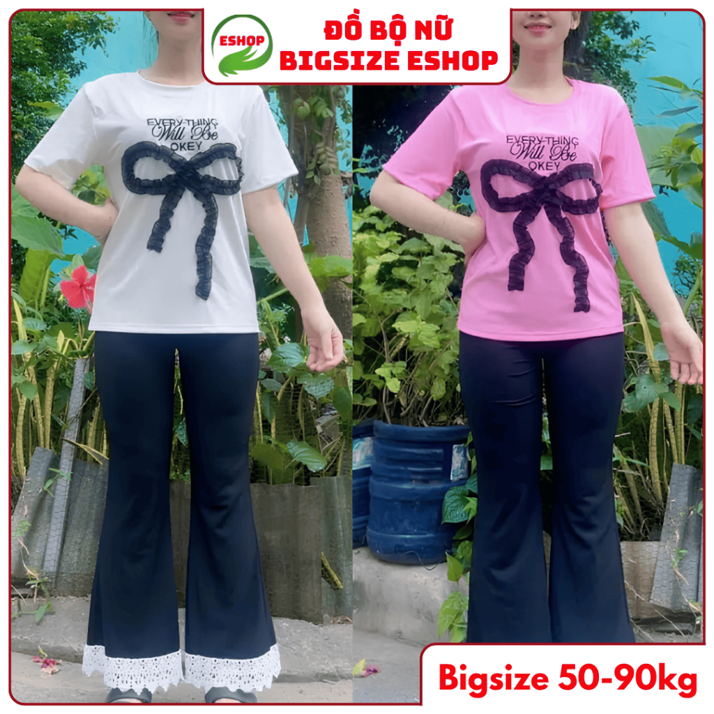 Đồ bộ nữ quần dài ống loe nơ viền ren ESHOP Đồ mặc nhà bigsize đẹp dễ thương đi chơi Xinh MS905