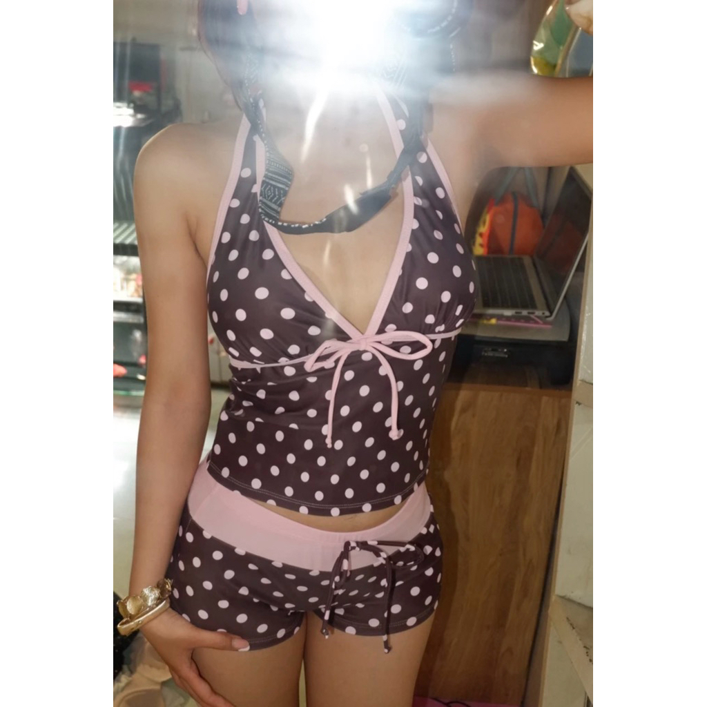 ✨HÀNG SẴN TRONG MÔ TẢ - Luminous - Bikini 2 mảnh tách set áo cột cổ hở lưng + quần short lưng thắt nơ chấm bi/sọc/caro✨