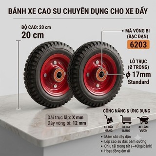 Bánh xe đẩy hàng 20cm bánh cao su đặc chịu lực cao cấp, vành thép sơn tĩnh điện chống mài mòn