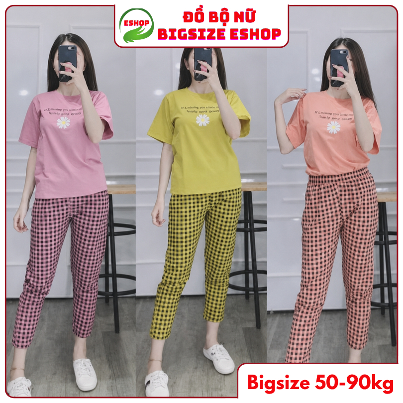Đồ Bộ Nữ Bigsize 43-85kg Thun Cotton Quần Dài Caro Hoa Cúc Mặc Nhà Thể Thao Trung Niên ESHOP DB10