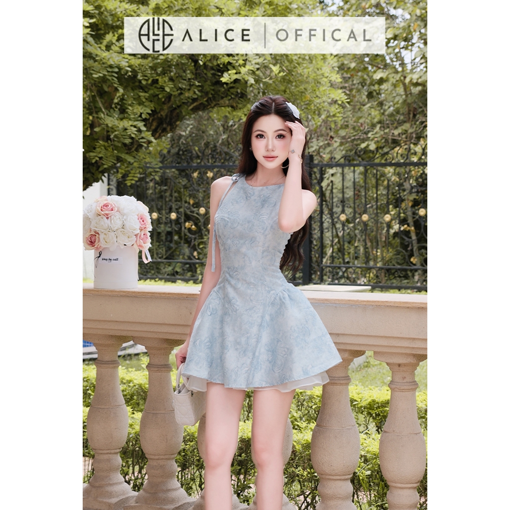 Váy Tiểu Thư Cao Cấp Alice Chất Gấm, Đầm Ngắn Cổ Yếm Phối Tơ Lót Lụa Dáng Xòe Nhẹ V1483