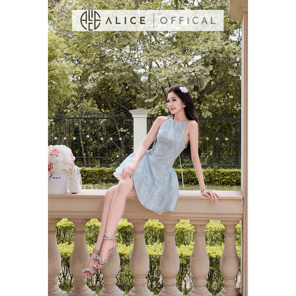Váy Tiểu Thư Cao Cấp Alice Chất Gấm, Đầm Ngắn Cổ Yếm Phối Tơ Lót Lụa Dáng Xòe Nhẹ V1483