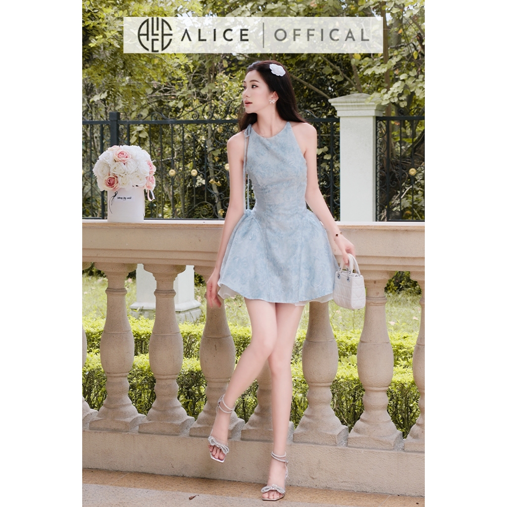 Váy Tiểu Thư Cao Cấp Alice Chất Gấm, Đầm Ngắn Cổ Yếm Phối Tơ Lót Lụa Dáng Xòe Nhẹ V1483