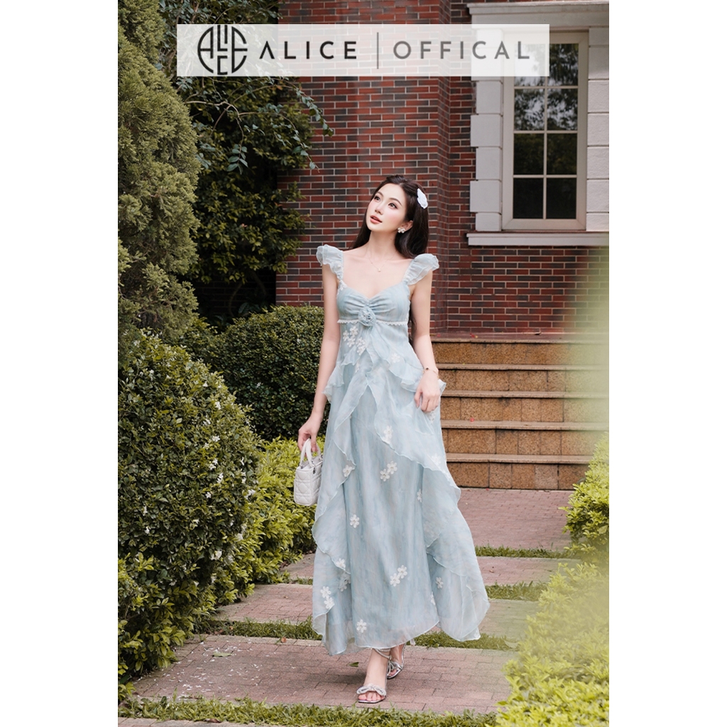 Váy Maxi Dáng Dài Alice Chất Tơ Thêu Hòa Nổi, Đầm 2 Dây Cúp Ngực Mùa Hè Phối Ren Eo Thêu V1482