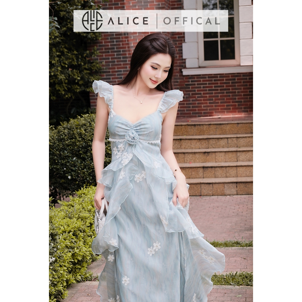 Váy Maxi Dáng Dài Alice Chất Tơ Thêu Hòa Nổi, Đầm 2 Dây Cúp Ngực Mùa Hè Phối Ren Eo Thêu V1482