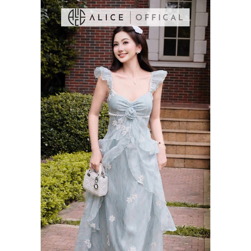 Váy Maxi Dáng Dài Alice Chất Tơ Thêu Hòa Nổi, Đầm 2 Dây Cúp Ngực Mùa Hè Phối Ren Eo Thêu V1482