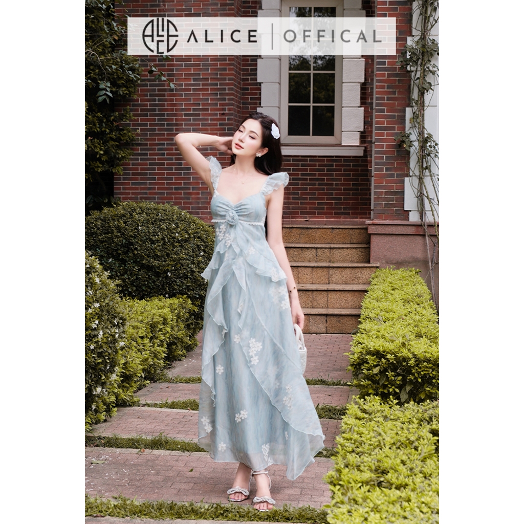 Váy Maxi Dáng Dài Alice Chất Tơ Thêu Hòa Nổi, Đầm 2 Dây Cúp Ngực Mùa Hè Phối Ren Eo Thêu V1482