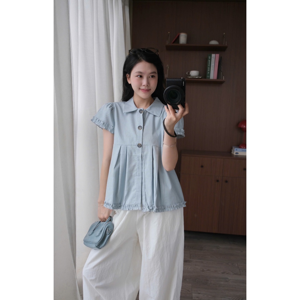 Áo tay hến babydoll thô linen cúc gỗ gấu bèo Nữ the.sweaterweather TSW